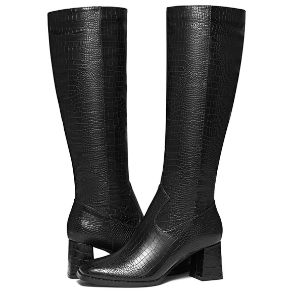 New Suedi Womens Knee High Black Croc Embossed Chunky Heel Squared Toe Boots Sz9 - Picture 2 of 16